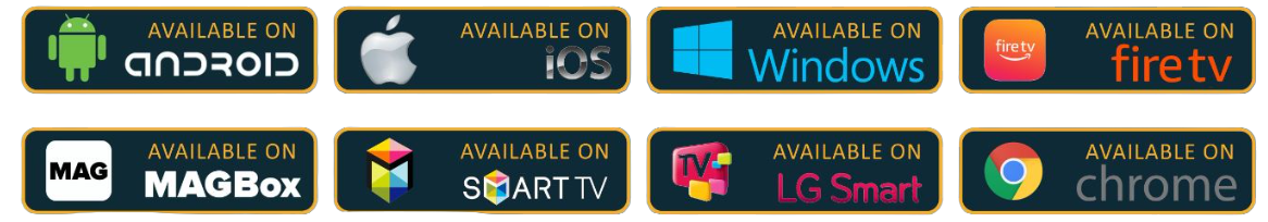 Appareils indiqués par le modèle : Android, iOS, Windows, Fire TV, MAG Box, Smart TV, LG Smart et Chrome